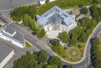 Aerial view, house with glass roof, flower bed and fountain of the brewery C. & A. VELTINS GmbH,