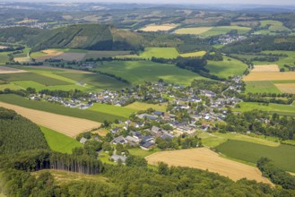 Aerial view, residential area local view district Altenhellefeld, meadows and fields in hilly