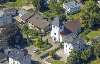Aerial view, catholic church St. Georg Oberbrügge, Halver, Sauerland, North Rhine-Westphalia,