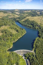 Aerial view, Jubach Dam with dam, forest area with forest damage, Vollme, Kierspe, Sauerland, North
