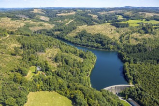 Aerial view, Jubach Dam with dam, forest area with forest damage, Vollme, Kierspe, Sauerland, North