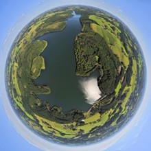 Aerial view, Kerspetalsperre and forest area, earth globe, fisheye image, 360 degree image, tiny