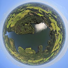 Aerial view, Kerspetalsperre and forest area, earth globe, fisheye image, 360 degree image, tiny