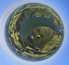 Aerial view, Kerspetalsperre and forest area, earth globe, fisheye image, 360 degree image, tiny