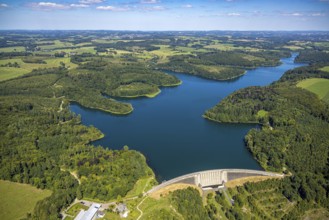 Aerial view, Kerspetalsperre with dam and forest area, distant view, blue sky with clouds,
