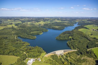Aerial view, Kerspetalsperre with dam and forest area, distant view, blue sky with clouds,