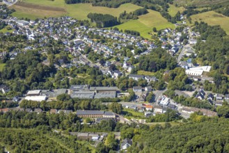 Aerial view, residential area local view district Oberbrügge and catholic church St. Georg