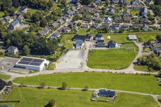 Aerial view, residential area local view district Rönsahl with Netto supermarket and solar roof,