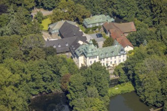 Aerial view, moated castle Haus Rhade, bulwark, Kierspe, Sauerland, North Rhine-Westphalia,