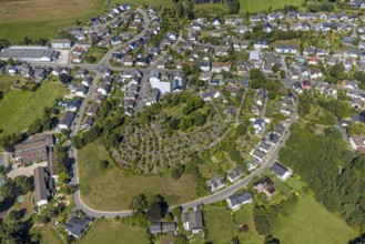 Aerial view, Evangelical church Oberbrügge and evang. Cemetery, residential area on Heerstraße,