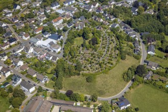 Aerial view, Evangelical church Oberbrügge and evang. Cemetery, residential area on Heerstraße,