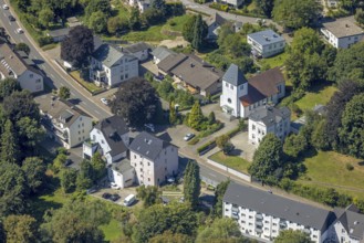 Aerial view, catholic church St. Georg Oberbrügge, Halver, Sauerland, North Rhine-Westphalia,