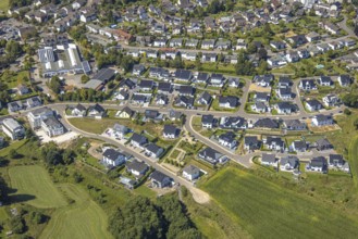 Aerial view, construction site single-family house new housing estate Ebbeblick, Kierspe,