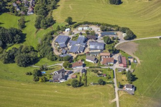 Aerial view, Schriever's Bauernladen farm shop with solar roof, Vorderste Berb, Kierspe, Sauerland,