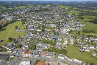 Aerial view, general view residential area local view Kierspe with town hall, Kierspe railway