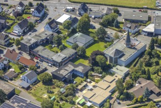 Aerial view, catholic community St. Josef church, Kierspe railway station, Kierspe, Sauerland,