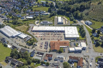 Aerial view, shopping centre with car park Kölner Straße, Kierspe, Sauerland, North