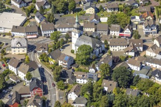 Aerial view, Protestant St. Margaret's Church in the centre of Kierspe-Dorf, Kierspe, Sauerland,