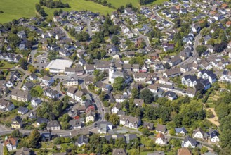 Aerial view, residential area with evang. Margarethenkirche, Kierspe-Dorf, Kierspe, Sauerland,
