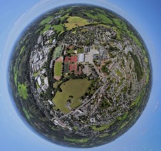 Aerial photo, Sportpark Kierspe and comprehensive school, globe, fisheye image, fisheye image, 360