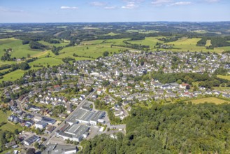 Aerial view, residential area, local view Kierspe-Dorf, hilly landscape with distant view, below