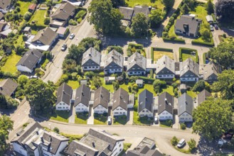 Aerial view, terraced house housing estate Goethestrasse and Heinestrasse, Kierspe, Sauerland,