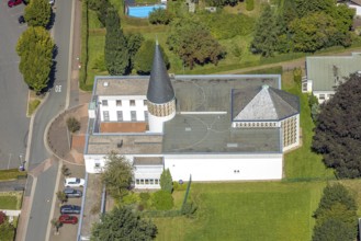 Aerial view, catholic community St. Josef church, Kierspe railway station, Kierspe, Sauerland,