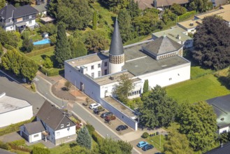 Aerial view, catholic community St. Josef church, Kierspe railway station, Kierspe, Sauerland,