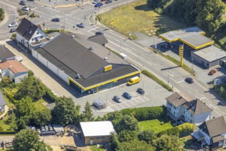 Aerial view, Netto supermarket and JET petrol station, Kölner Straße, Kierspe, Sauerland, North