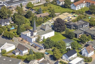 Aerial view, catholic community St. Josef church, Kierspe railway station, Kierspe, Sauerland,