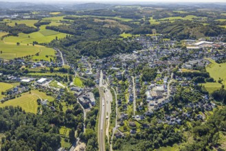 Aerial view, railway station with platform and bus station ZOB, left VolmeFreizeitPark, residential