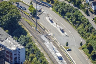 Aerial view, railway station with platform and bus station ZOB, Kierspe railway station, Kierspe,