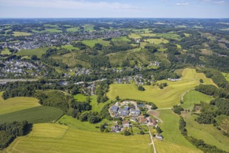 Aerial view, Schriever's Bauernladen farm shop with solar roof, Vorderste Berg, forest area with
