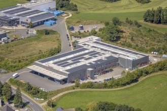 Aerial view, commercial area at Funkenhof with Goletz GmbH manufacturer with solar roof, Höferhof,