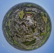 Aerial photo, Sportpark Kierspe and comprehensive school, globe, fisheye image, fisheye image, 360