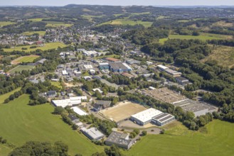 Aerial view, commercial area Waldheimstraße, forest area with forest damage, Höferhof, Kierspe,