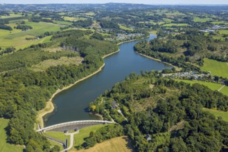 Aerial view, Lingesetalsperre with dam wall, Schmitzwipper, Marienheide, Sauerland, North