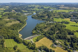 Aerial view, Lingesetalsperre with dam wall, Schmitzwipper, Marienheide, Sauerland, North