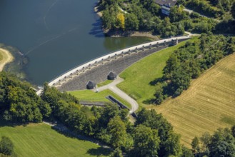 Aerial view, Lingesetalsperre with dam wall, Schmitzwipper, Marienheide, Sauerland, North