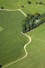 Aerial view, curved path to a wooded area in Dörscheln, shapes and colours, Elbringhausen, Kierspe,