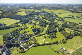 Aerial view, golf meadow Golfclub Varmert e.V. with sand bunker, Elbringhausen, Kierspe, Sauerland,