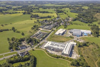 Aerial view, commercial area at Funkenhof, with CAWi Kunststofftechnik GmbH and solar panels on the