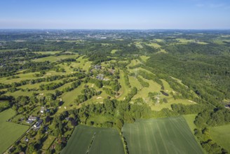 Aerial view, Golf course Golfclub Essen-Heidhausen, forest area Langenhorster Wald, meadows and