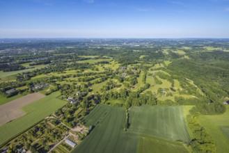 Aerial view, Golf course Golfclub Essen-Heidhausen, forest area Langenhorster Wald, meadows and