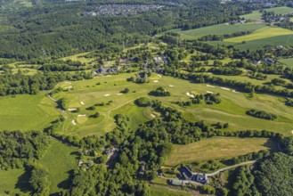 Aerial view, Golf course Golfclub Essen-Heidhausen, forest area Langenhorster Wald, meadows and