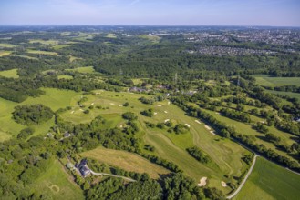 Aerial view, Golf course Golfclub Essen-Heidhausen, forest area Langenhorster Wald, meadows and