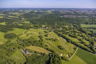 Aerial view, Golf course Golfclub Essen-Heidhausen, forest area Langenhorster Wald, meadows and