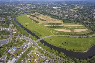 Aerial view, waterworks Wassergewinnung Essen GmbH on the river Ruhr, Konrad-Adenauer-Brücke,