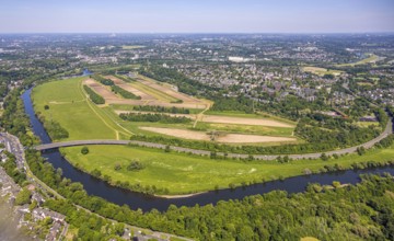 Aerial view, waterworks Wassergewinnung Essen GmbH on the river Ruhr, Konrad-Adenauer-Brücke,