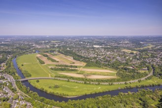Aerial view, waterworks Wassergewinnung Essen GmbH on the river Ruhr, Konrad-Adenauer-Brücke,